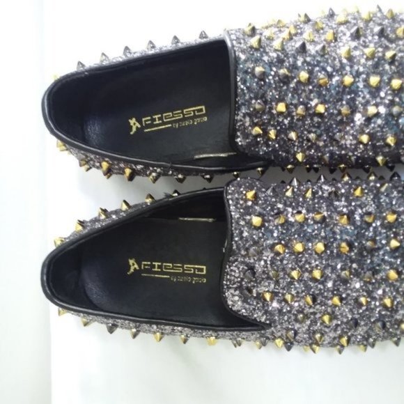 $170  Mens Loafer DRESS Shoes Spikes Glitter Black Gold Slip On Size 10 Fiesso main image 10